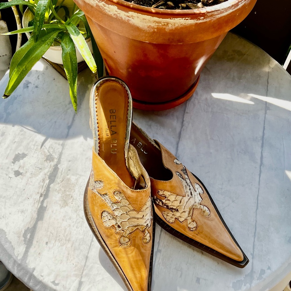 Bella Blu Tan Leather Mules (with leather snake print) - (Made in Italy)